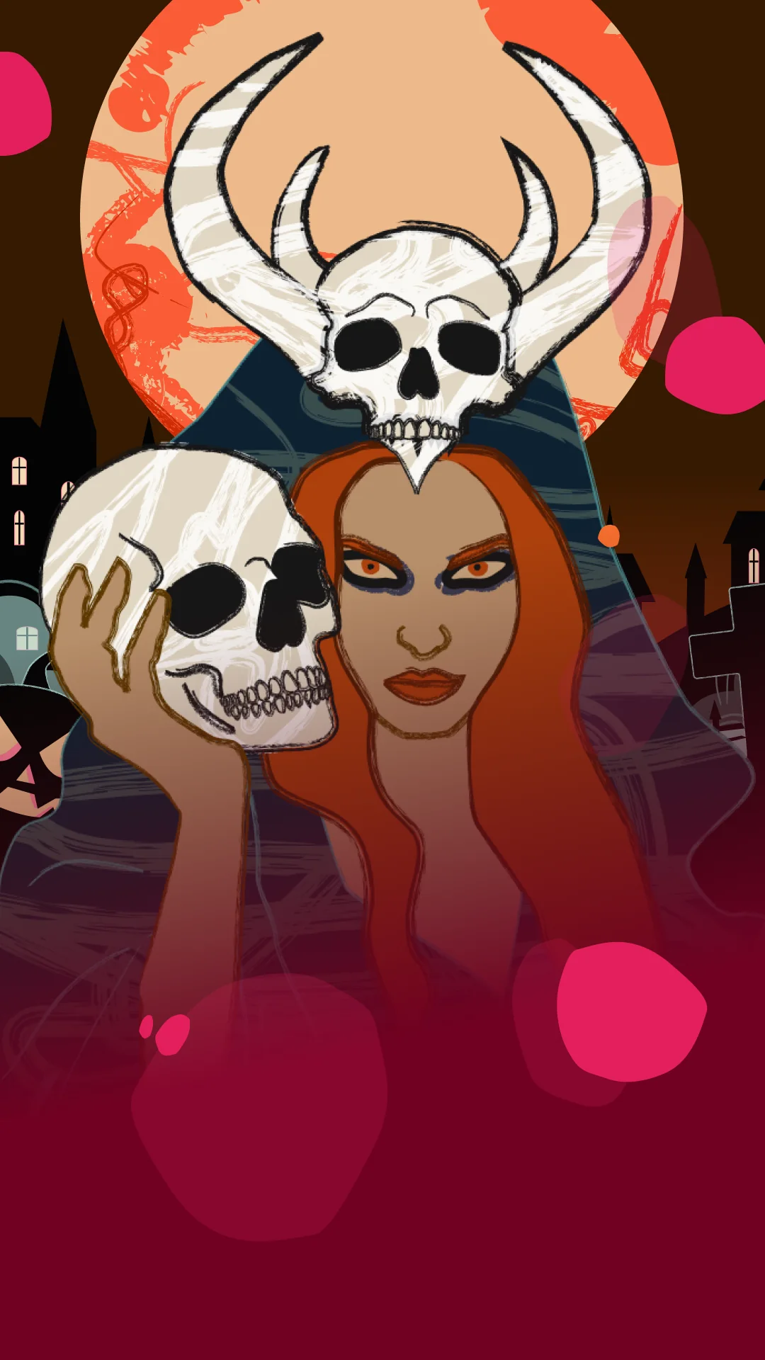 Portrait of the Necromancer: piercing orange eyes, long red hair, a horned skull resting on her head like a crown and a second skull cradled in her hand, framed by a cracked orange moon.