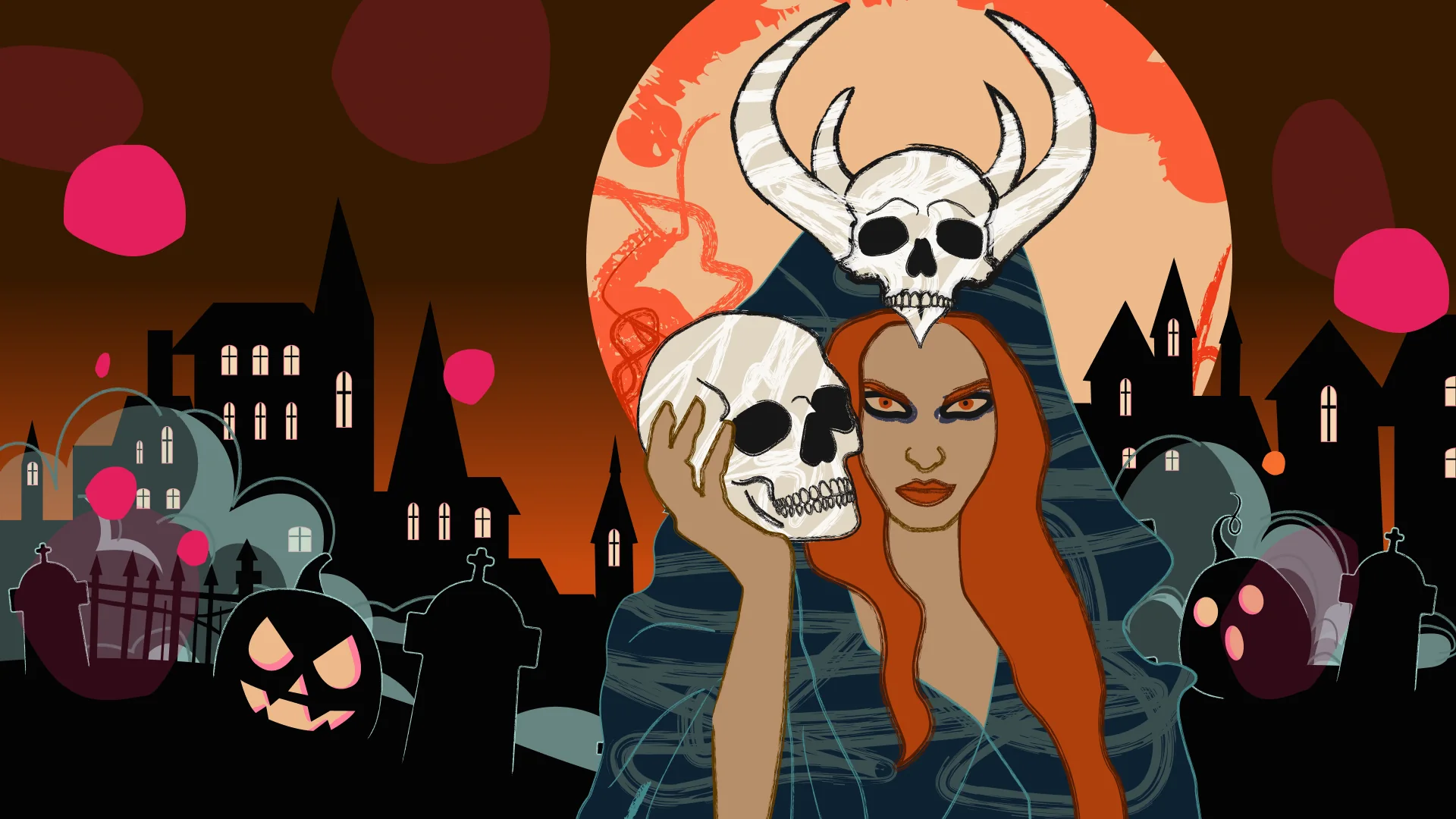 Hand-drawn Halloween artwork for Werewolf Game: Night Claw: the Necromancer, a red-haired woman in a dark blue hood crowned with a horned skull, holds a skull against her cheek. Behind her, a huge blood orange moon rises over a black village, a graveyard and a grinning jack-o'-lantern.