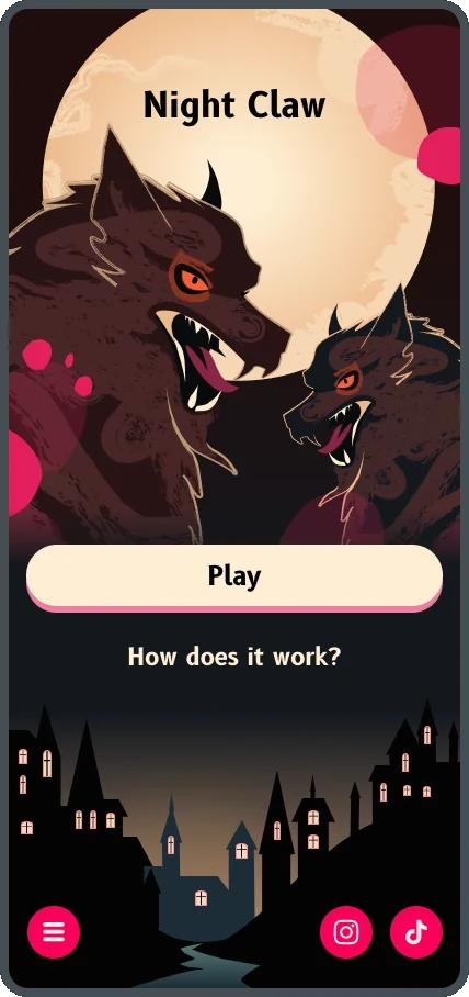 The usual Night Claw home screen: two snarling werewolves before a pale moon, above a quiet village skyline.