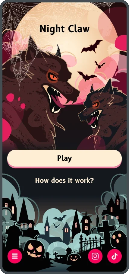 The Halloween home screen: the same werewolves draped in cobwebs, bats crossing the moon, and a foggy graveyard with crosses, jack-o'-lanterns and a little ghost along the bottom.