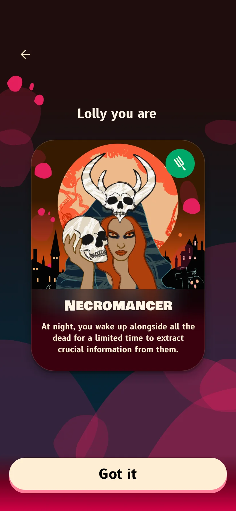 Night Claw role reveal screen reading “Lolly you are”, showing the Necromancer role card and its description, with a “Got it” button to hand the phone to the next player.