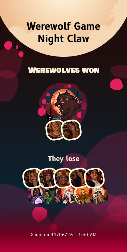 End of game recap in Night Claw titled “Werewolf Game: Night Claw”. Under “Werewolves won”, a werewolf illustration with the two winning players’ selfies. Under “They lose”, five costumed players, each paired with the illustrated role card they held. The game’s date and time sit at the bottom, like a stamp on a souvenir.