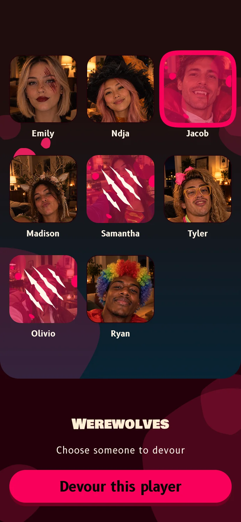 The werewolves' night screen in Night Claw. A grid of costumed player selfies, Emily with fake scars, Ndja in a witch hat, Jacob as a vampire, Madison, Tyler, Ryan in a rainbow wig, with two players already marked by claw slashes. Jacob is highlighted in pink above the prompt “Choose someone to devour”.